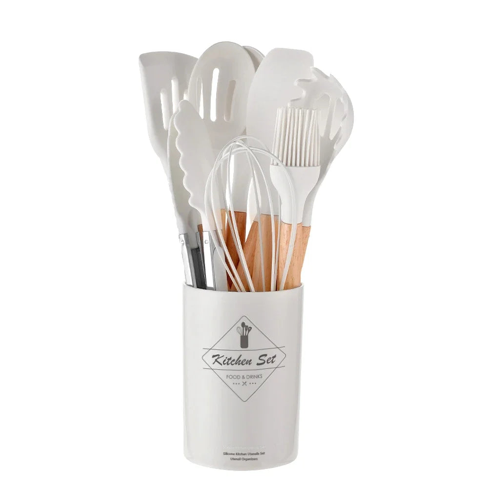 12PCS Silicone Kitchen Utensils Set – Non-Stick Cooking Tools with Wooden Handles – Spatula, Shovel, Egg Beaters & More