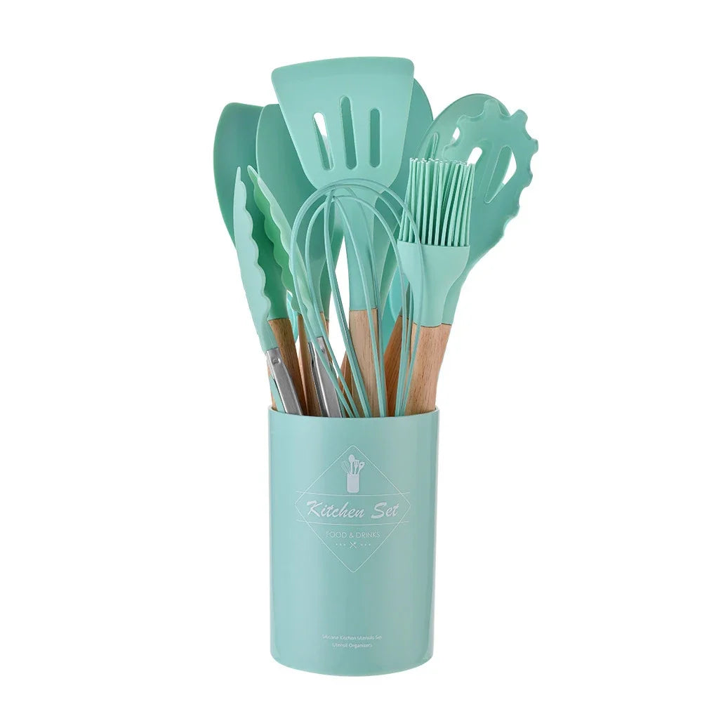 12PCS Silicone Kitchen Utensils Set – Non-Stick Cooking Tools with Wooden Handles – Spatula, Shovel, Egg Beaters & More