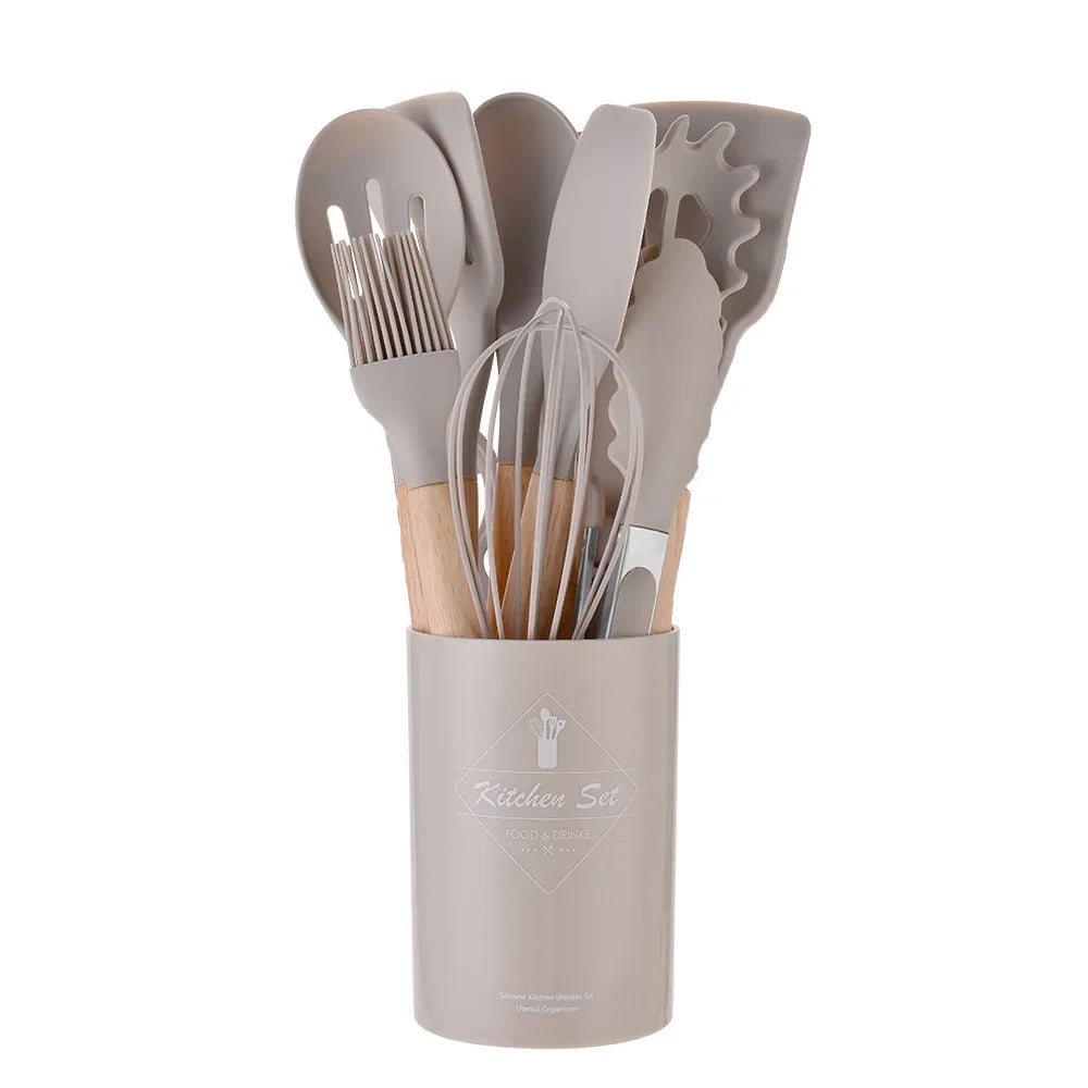 12PCS Silicone Kitchen Utensils Set – Non-Stick Cooking Tools with Wooden Handles – Spatula, Shovel, Egg Beaters & More