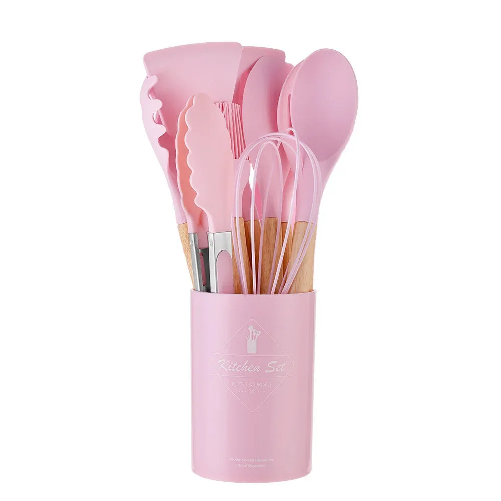 12PCS Silicone Kitchen Utensils Set – Non-Stick Cooking Tools with Wooden Handles – Spatula, Shovel, Egg Beaters & More