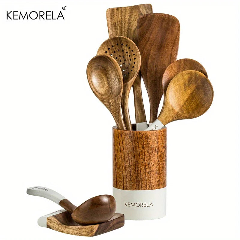 Elegant 9-Piece Acacia Wood Kitchen Utensil Set with Holder and Rest Spatula