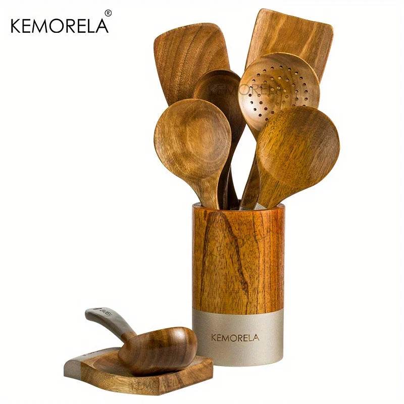 Elegant 9-Piece Acacia Wood Kitchen Utensil Set with Holder and Rest Spatula