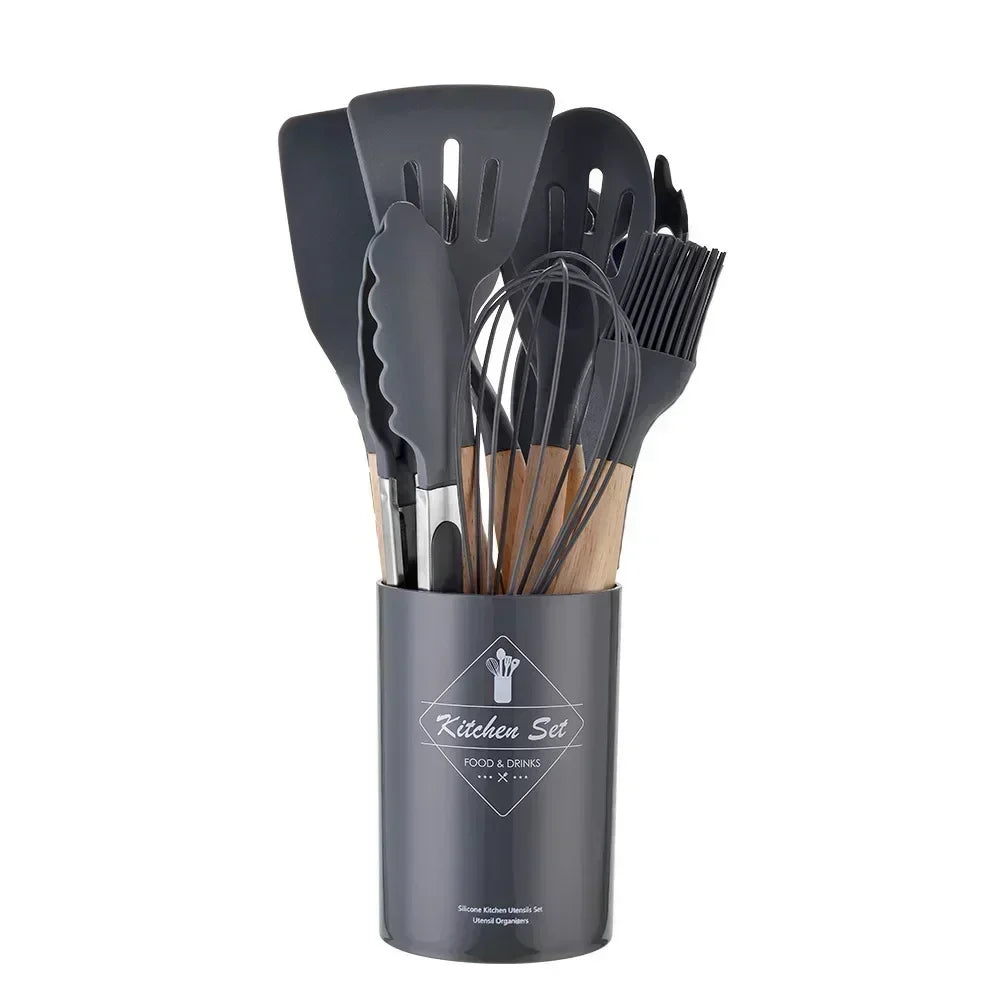 12PCS Silicone Kitchen Utensils Set – Non-Stick Cooking Tools with Wooden Handles – Spatula, Shovel, Egg Beaters & More