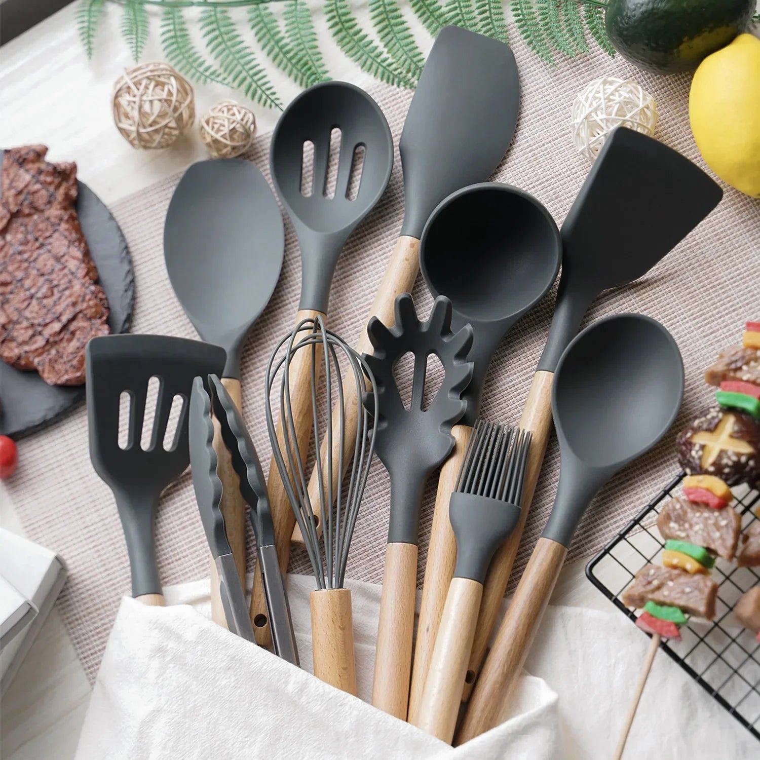 12PCS Silicone Kitchen Utensils Set – Non-Stick Cooking Tools with Wooden Handles – Spatula, Shovel, Egg Beaters & More