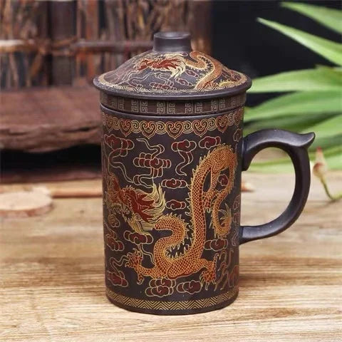Yixing Dragon-Enhanced Purple Clay Tea Mug with Infuser and Lid for Discerning Tea Connoisseurs