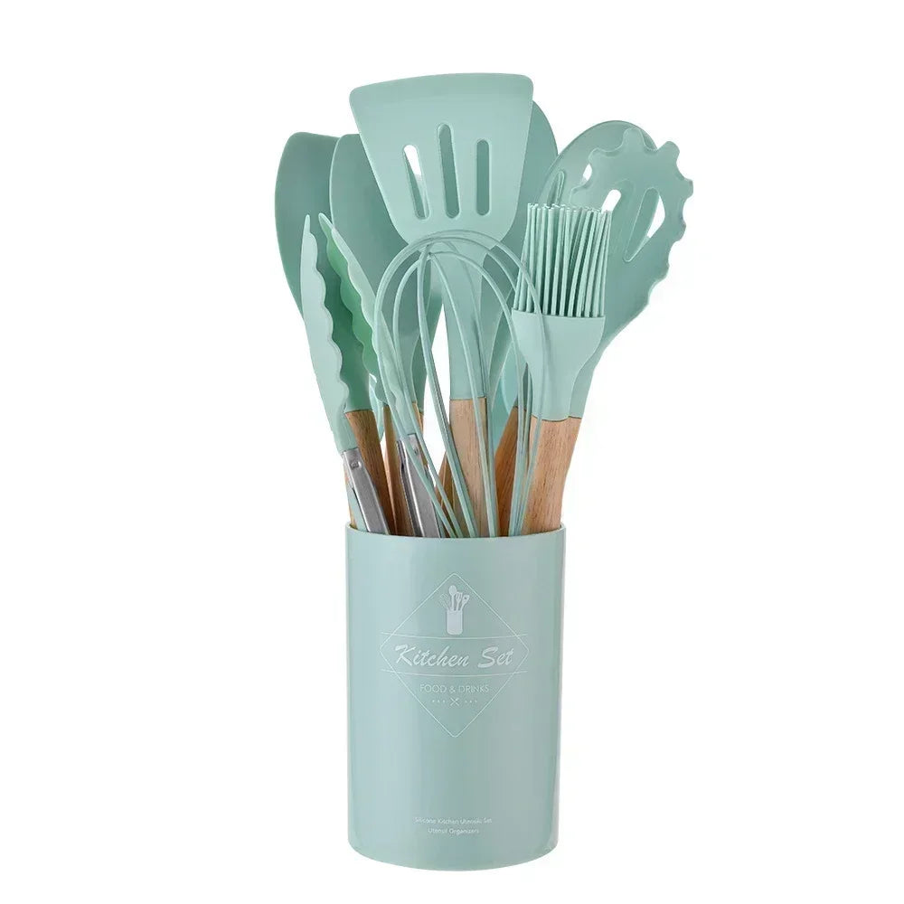 12PCS Silicone Kitchen Utensils Set – Non-Stick Cooking Tools with Wooden Handles – Spatula, Shovel, Egg Beaters & More