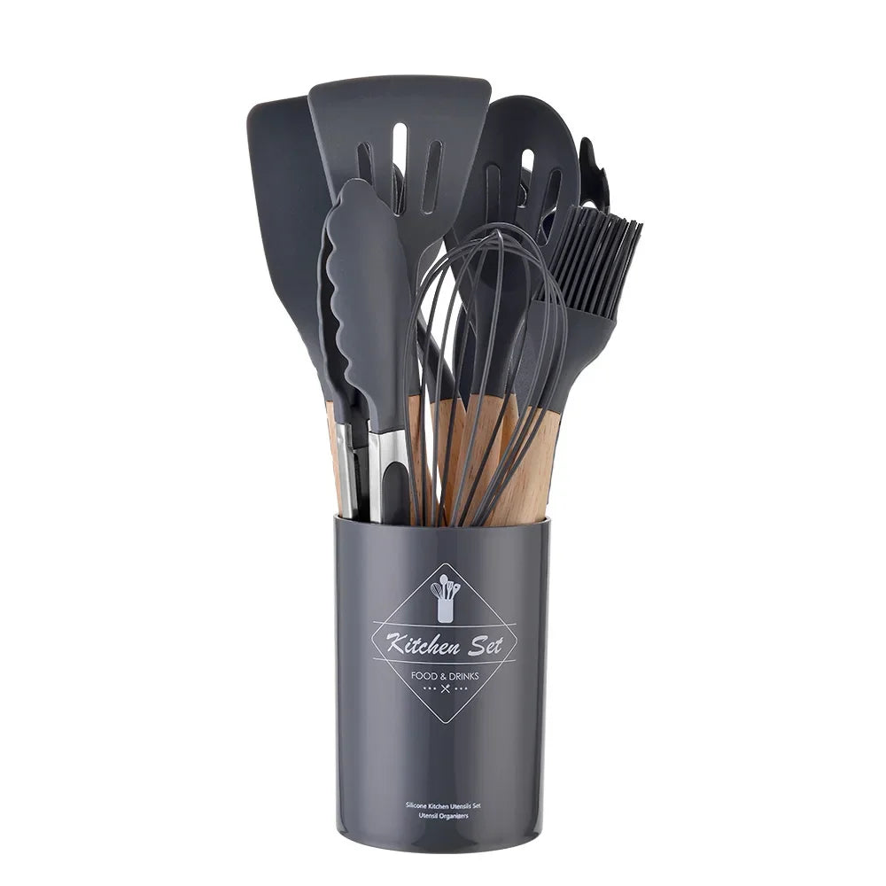 12PCS Silicone Kitchen Utensils Set – Non-Stick Cooking Tools with Wooden Handles – Spatula, Shovel, Egg Beaters & More